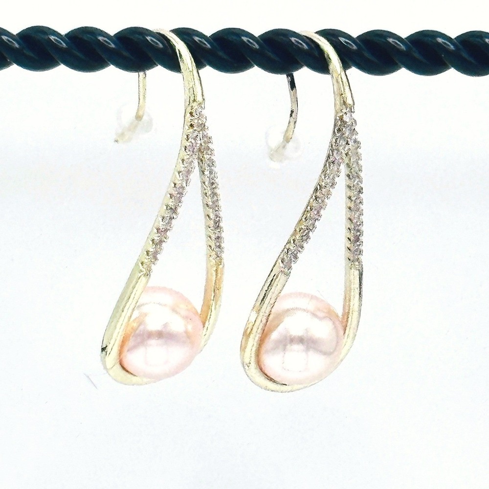 Pink Pearl Drop Earrings Gold Tone Curved Design Rhinestone Accent Elegant